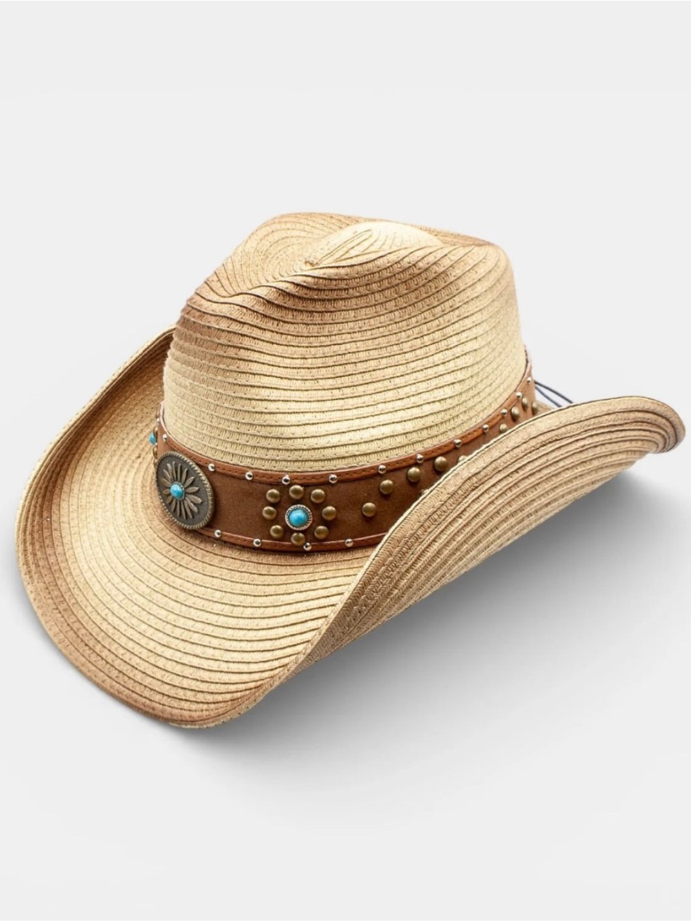 Peter Grimm Tan Straw Cowboy Hat with Brown Studded Band and Turquoise Accents
